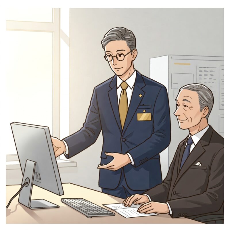 年配男性社員にレクチャーする男性コンサルタント